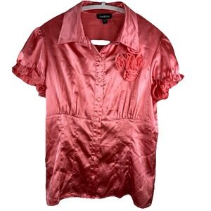 Bebe Y2K L Silk Satin Pink Blouse Women Babydoll Flower Coquette 2000s Fairycore